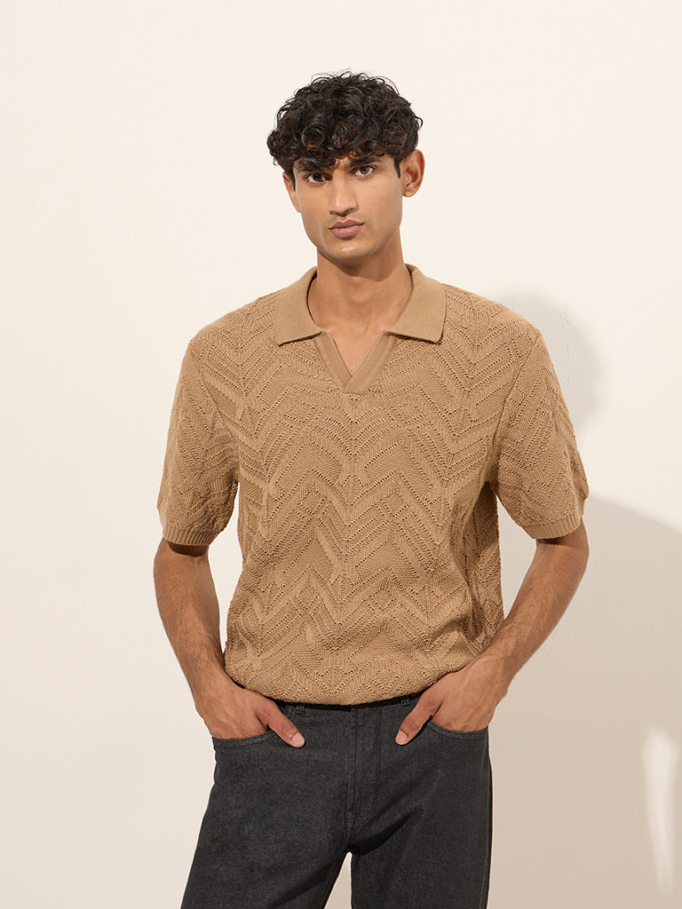 Ascot Taupe Textured Relaxed-Fit Polo T-Shirt | iB