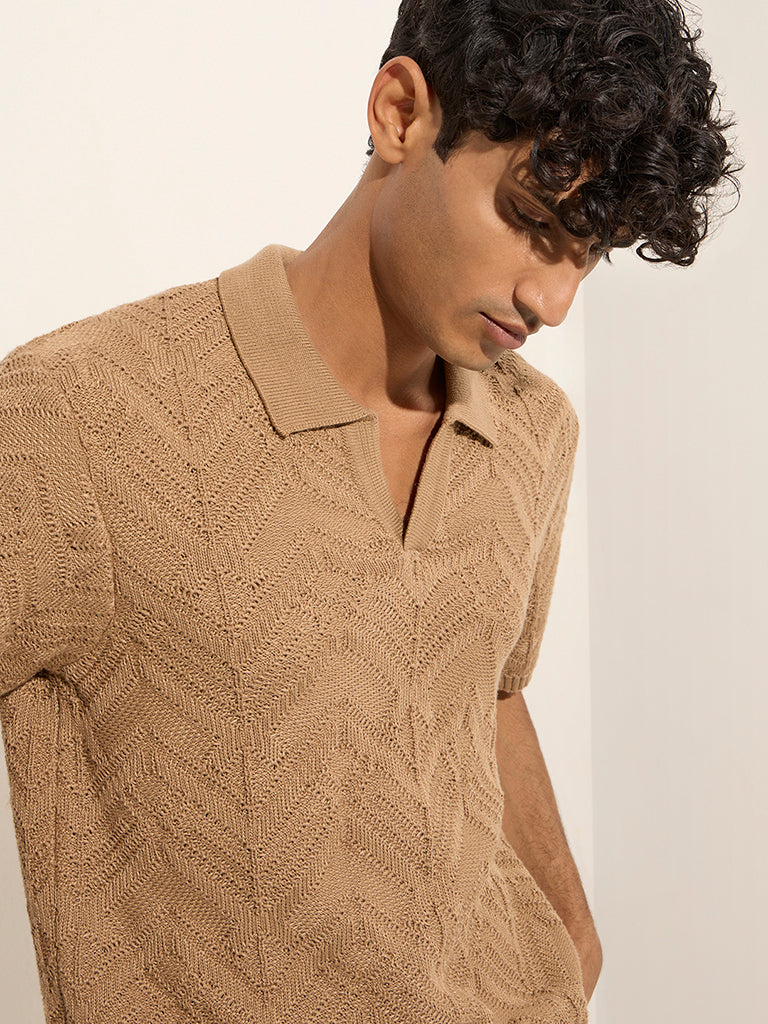 Ascot Taupe Textured Relaxed-Fit Polo T-Shirt | iB