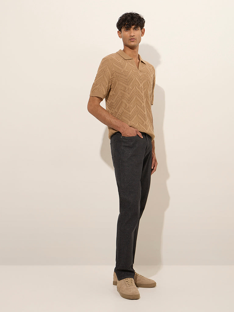 Ascot Taupe Textured Relaxed-Fit Polo T-Shirt | iB