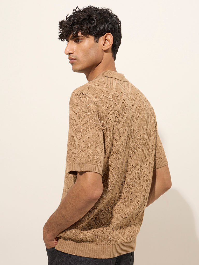 Ascot Taupe Textured Relaxed-Fit Polo T-Shirt | iB