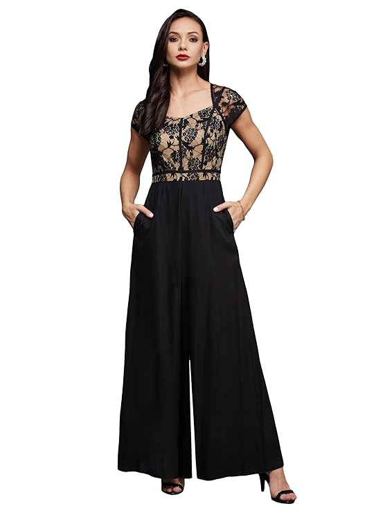 Miss Chase Women's Sweetheart Neck Raglan Sleeve Floral Lace Overlaid Viscose-Rayon Regular Length Jumpsuit | iB