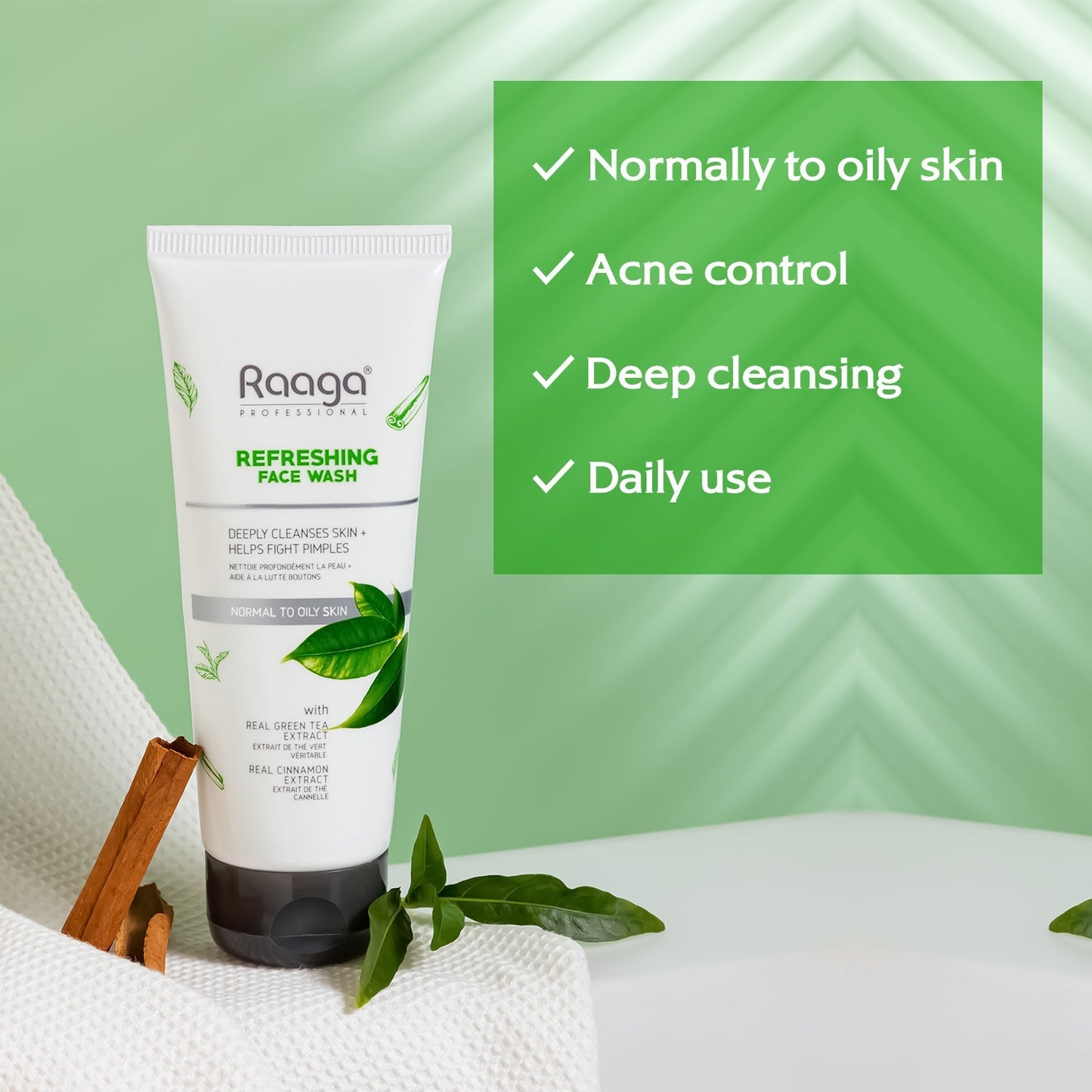 Raaga Professional Refreshing Face Wash with Green Tea Extract and Cinnamon Extract (80 ml) | iB