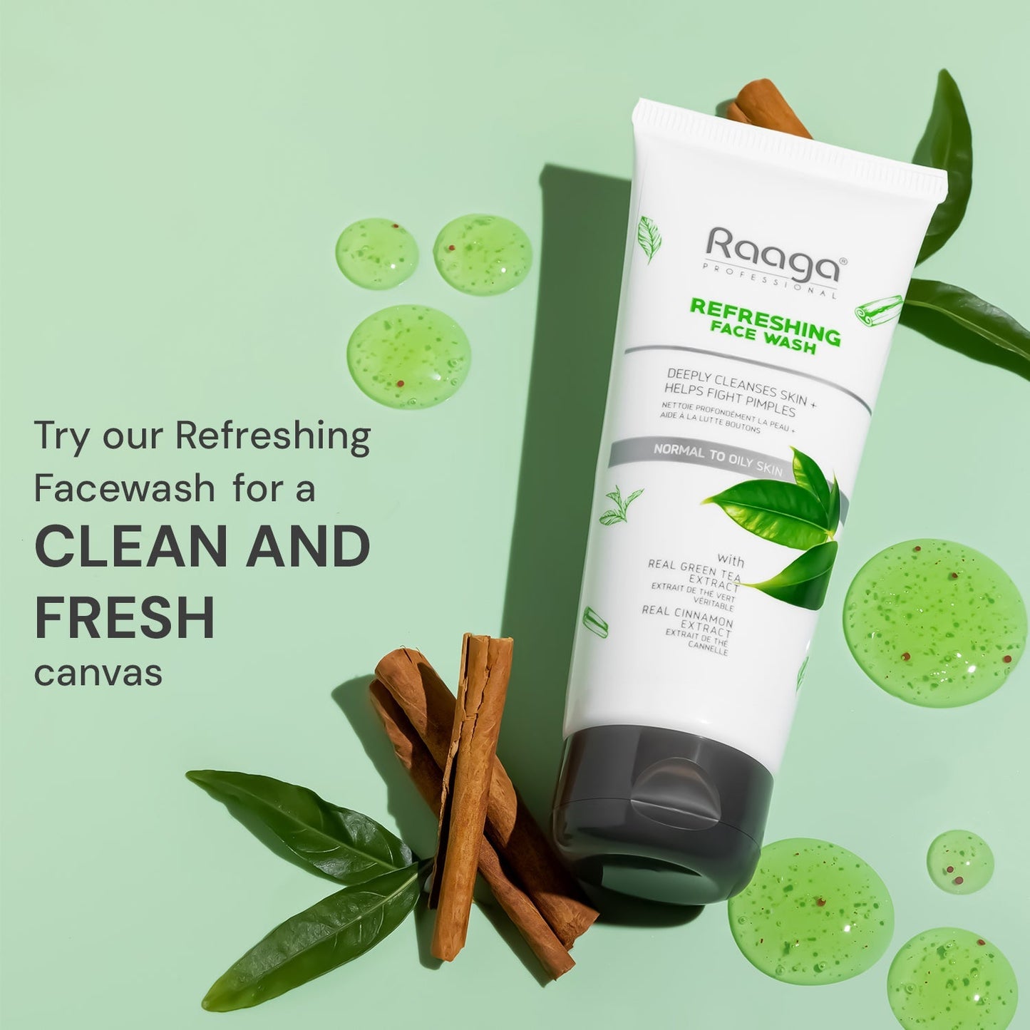 Raaga Professional Refreshing Face Wash with Green Tea Extract and Cinnamon Extract (80 ml) | iB