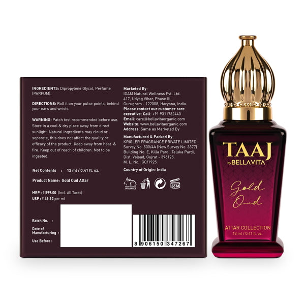 Bella Vita TAAJ Gold OUD Attar - 12ml | iB