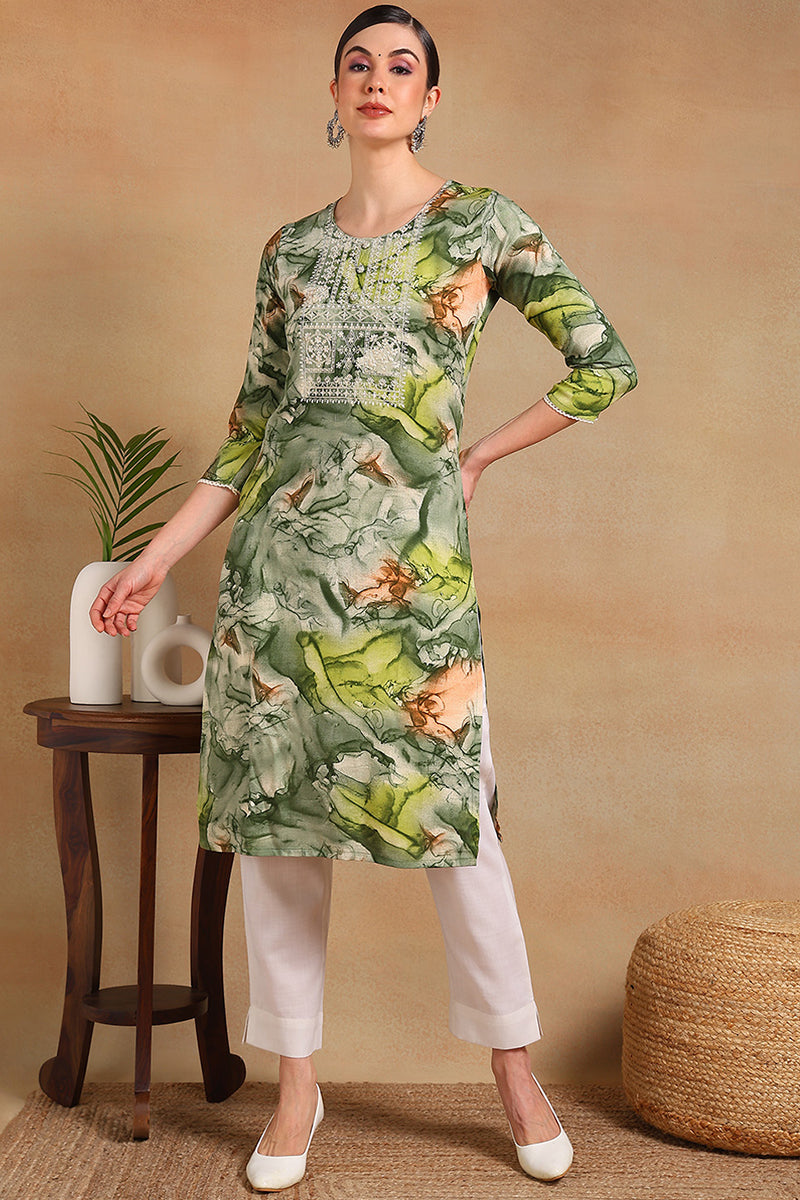 Green Cotton Blend Abstract Printed Straight Kurta VCK9563 | iB