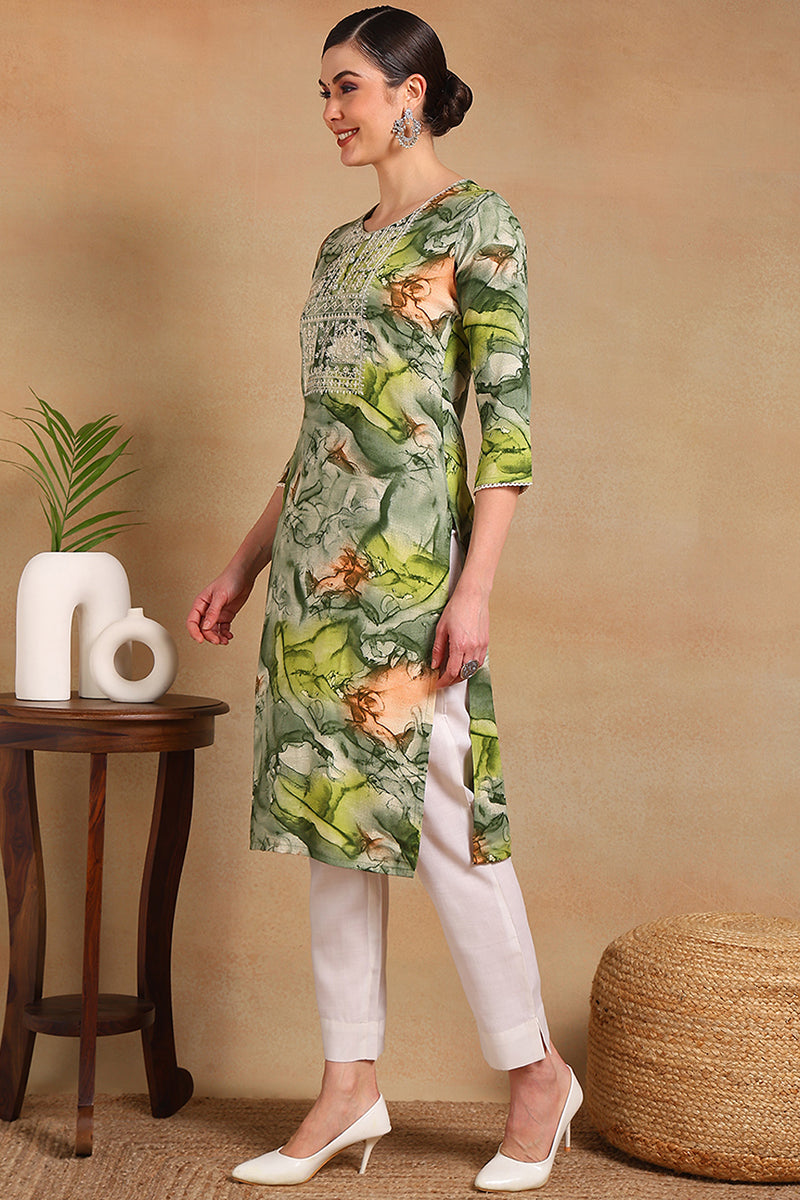 Green Cotton Blend Abstract Printed Straight Kurta VCK9563 | iB