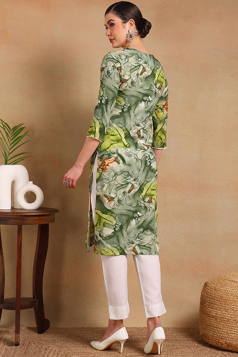 Green Cotton Blend Abstract Printed Straight Kurta VCK9563 | iB