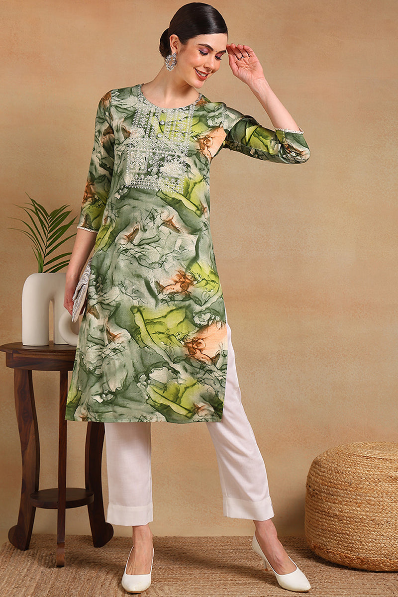 Green Cotton Blend Abstract Printed Straight Kurta VCK9563 | iB