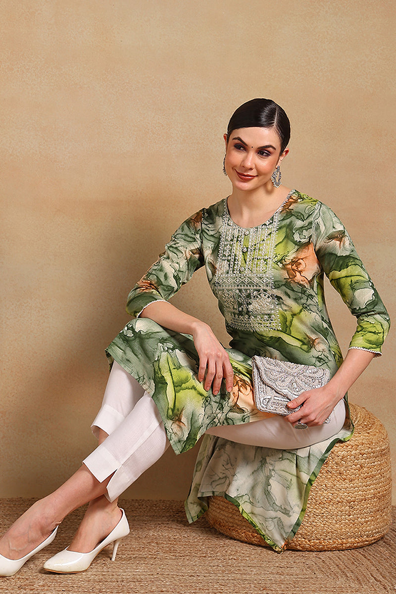 Green Cotton Blend Abstract Printed Straight Kurta VCK9563 | iB