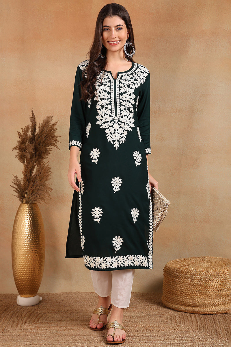 Green Rayon Blend Solid Embroidered Chikankari Straight Kurta VCK9770GRN | iB