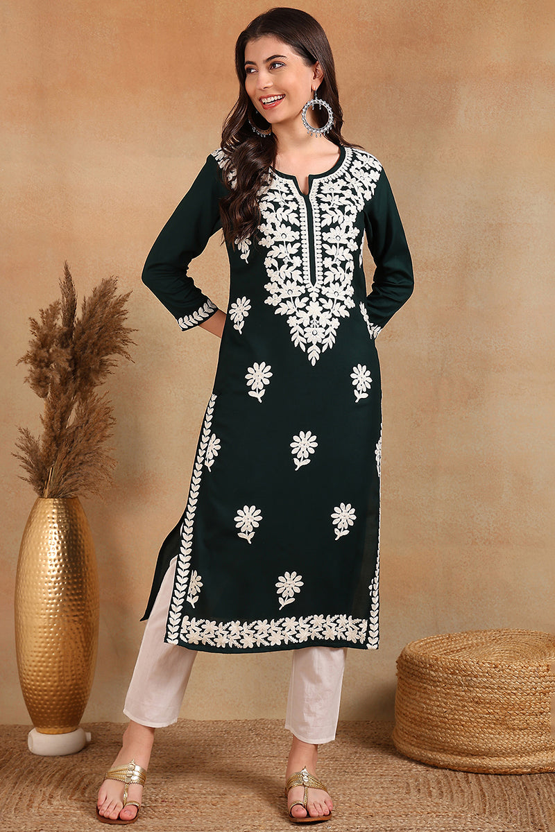 Green Rayon Blend Solid Embroidered Chikankari Straight Kurta VCK9770GRN | iB