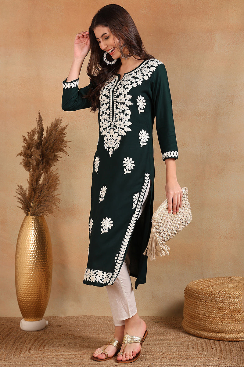 Green Rayon Blend Solid Embroidered Chikankari Straight Kurta VCK9770GRN | iB